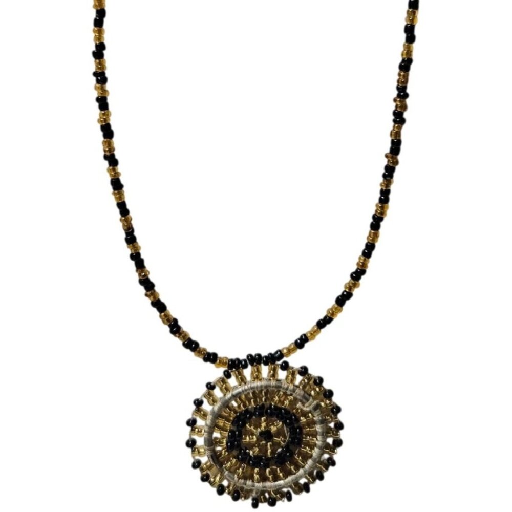 Handcrafted Black Gold Beaded Necklace Circular Pendant Statement Jewelry Women